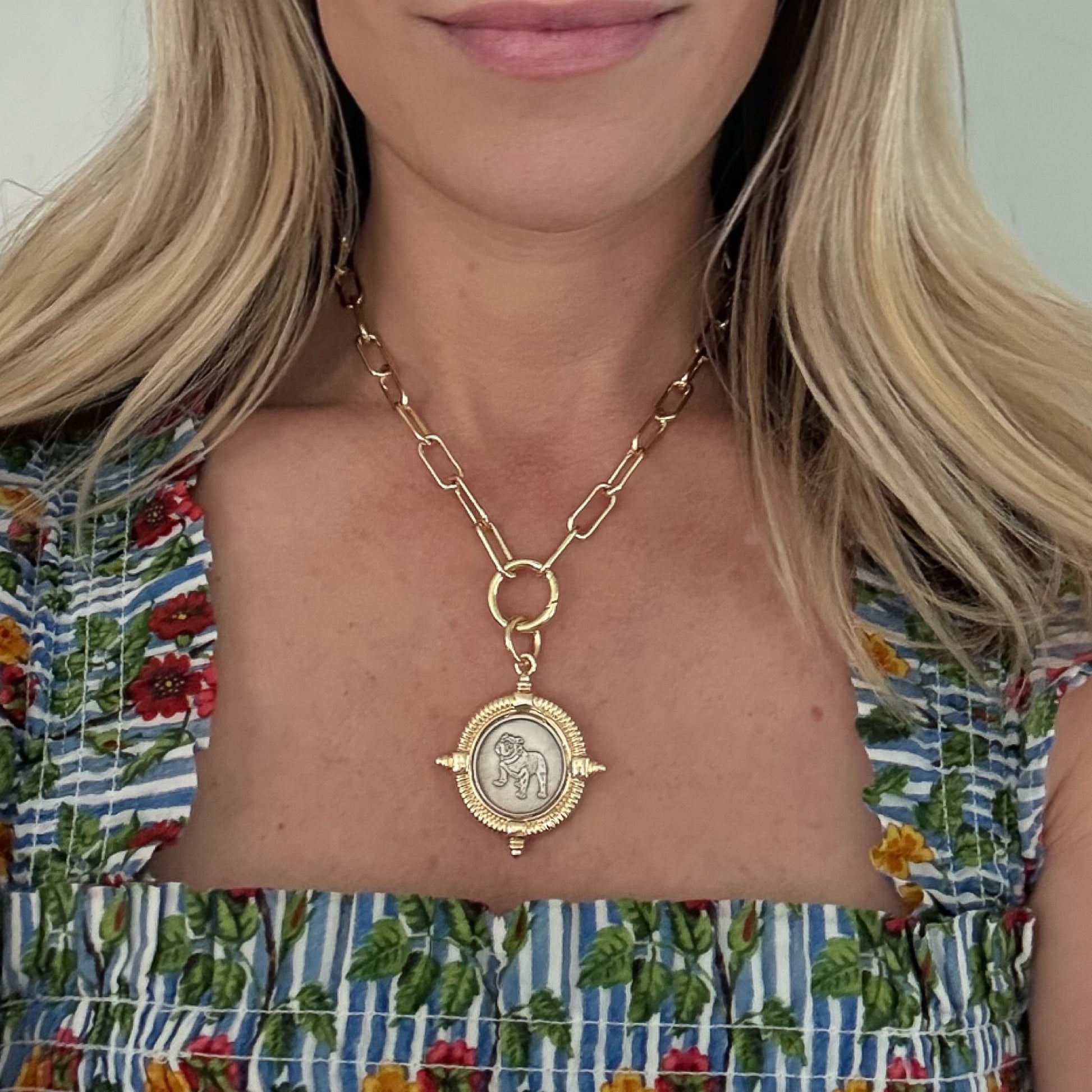 Gold filled 16inch chain necklace with bulldog pendant in circular gold charm holder. Hand crafted by HOPE & RAYE in atlanta 