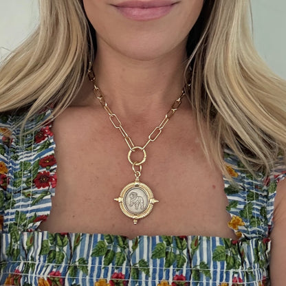Gold filled 16inch chain necklace with bulldog pendant in circular gold charm holder. Hand crafted by HOPE & RAYE in atlanta 