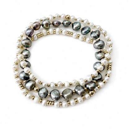 Baroque peacock and white freshwater pearl bracelet stack- set of 3. Handcrafted by HOPE & RAYE. 