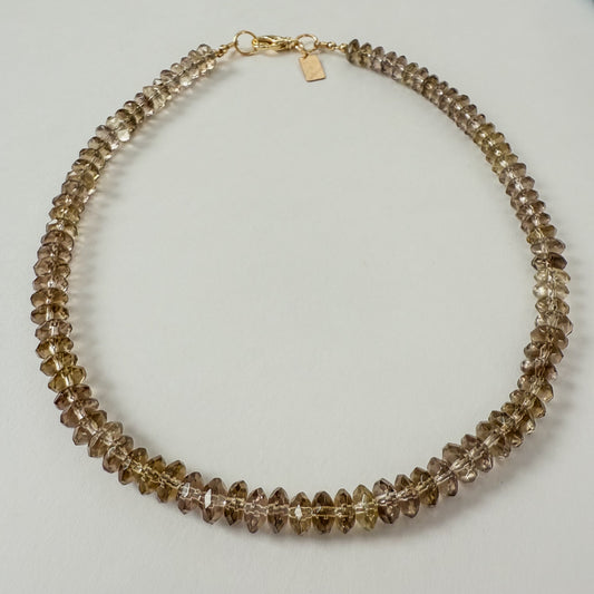 Smoky quartz faceted head 16 inch necklace with gold by Hope and Raye 