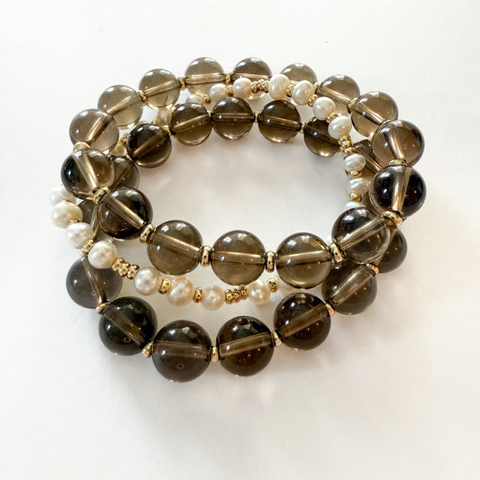 Smoky quartz pearl bracelet stack handcrafted natural stone stacking bracelets with gold beads

