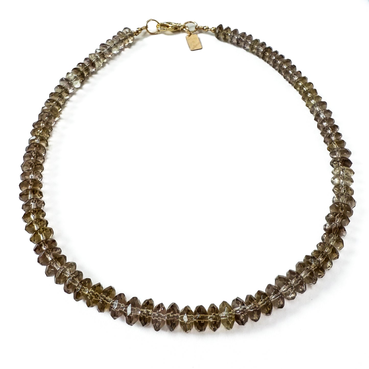 Smoky quartz faceted head 16 inch necklace with gold by Hope and Raye. Natural gemstone necklace perfect for gifting for anniversaries, birthdays, holidays treating yourself.
