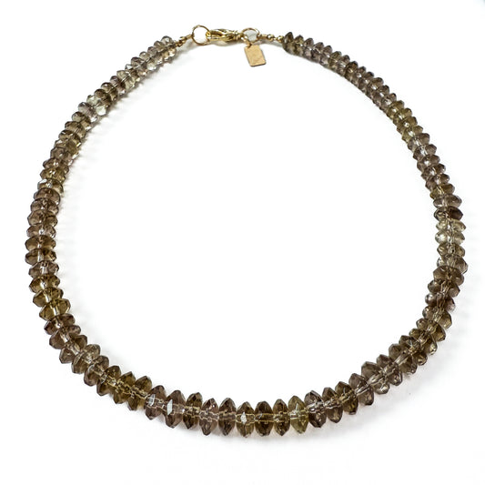 Smoky quartz faceted head 16 inch necklace with gold by Hope and Raye. Natural gemstone necklace perfect for gifting for anniversaries, birthdays, holidays treating yourself.
