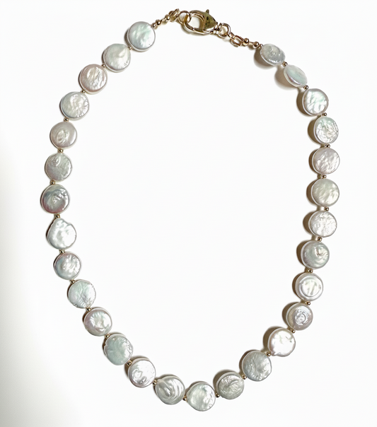 Natural pearl coin beaded necklace with gold clasp. 16 inch necklace handcrafted in Atlanta by Hope and Raye.