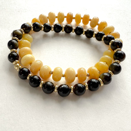 Yellow opal and black falcon’s eye natural gemstone stretch bracelet pair with gold. A set perfect for cheering on GA Tech. School spirit bracelets that last season after season. Ships gift ready for her. 