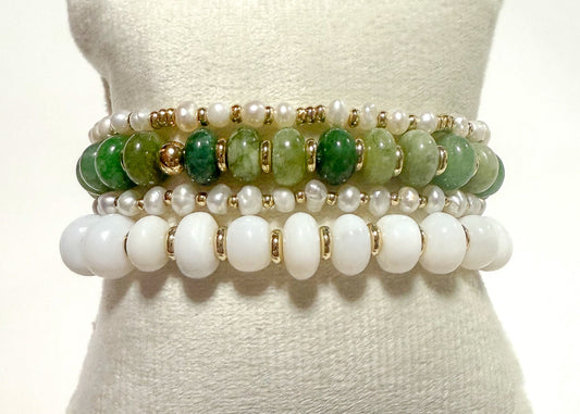 Gemstone Bracelet Set (Stack of 4) | Jade, Pearl & Opal Gold Beaded Bracelets | Zen Garden